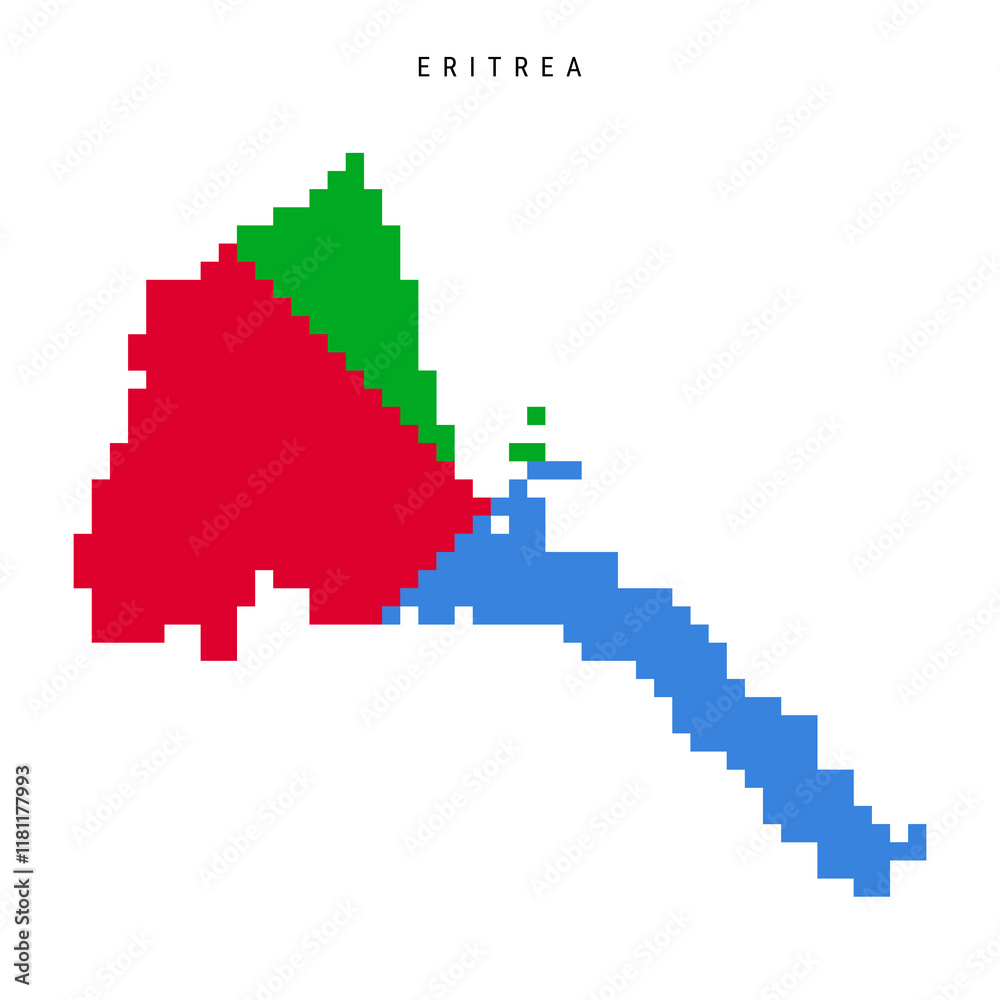 Fototapeta premium Eritrea pixel flag map icon. 8 bit pixel art Eritrean map covered with flag. Flat vector illustration isolated on white background.