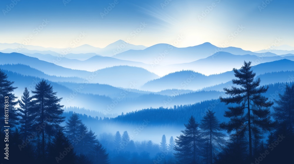 Obraz premium Mystical blue forest, a tranquil landscape with majestic mountains and lush trees
