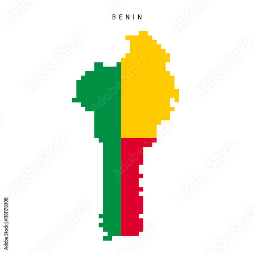 Benin pixel flag map icon. 8 bit pixel art Dahomey map covered with flag. Flat vector illustration isolated on white background.