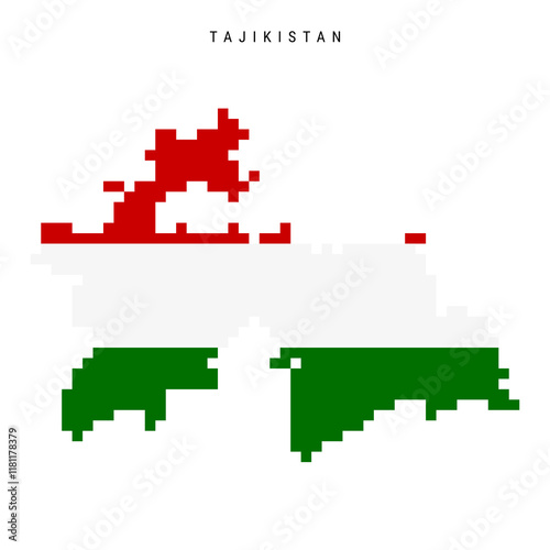 Tajikistan pixel flag map icon. 8 bit pixel art Tajik map covered with flag. Flat vector illustration isolated on white background.