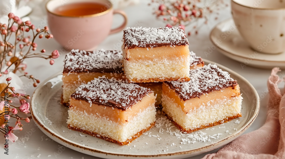 A delightful stack of Lamington cakes served on a plate, showing the soft sponge inside, paired with a cup of tea in a cozy afternoon tea setting. A delightful stack of Lamington cakes served on a plate, showing the soft sponge inside, paired with a cup of tea in a cozy afternoon tea setting.