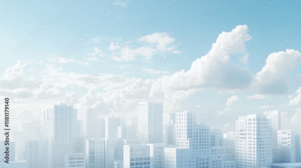 Obraz premium Hazy cityscape under a bright, partly cloudy sky.