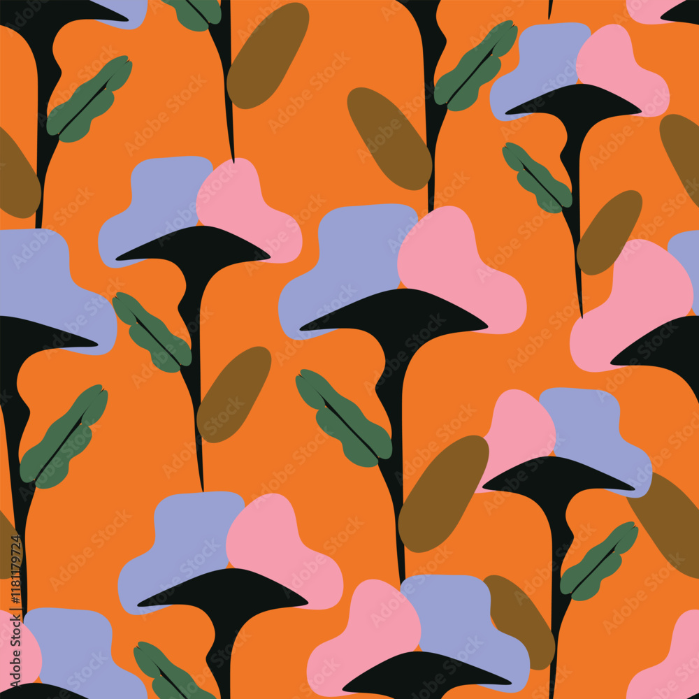 seamless doodle abstract flowers pattern on orange background
