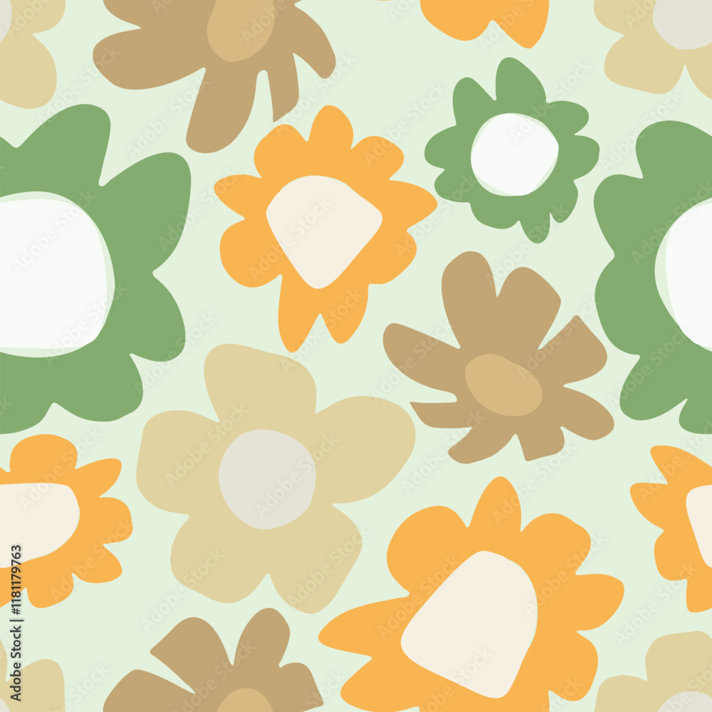 seamless doodle hand drawn flowers pattern on green background