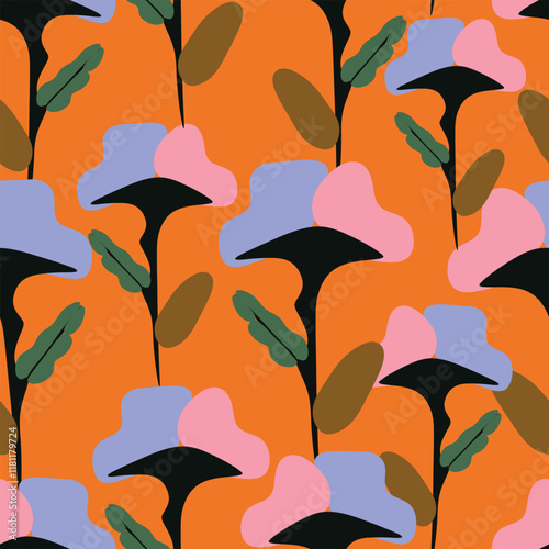 Obraz na płótnie seamless doodle abstract flowers pattern on orange background w salonie