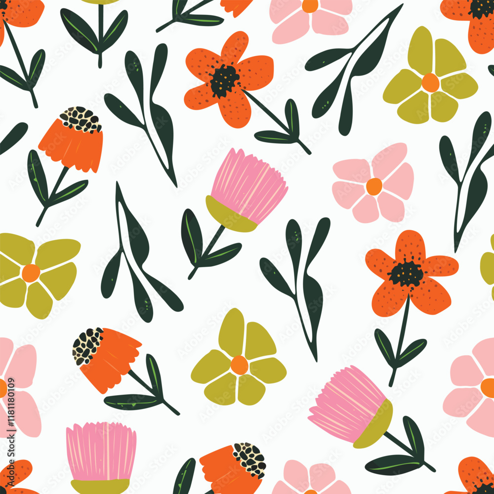 seamless mixed cute flowers pattern on white background