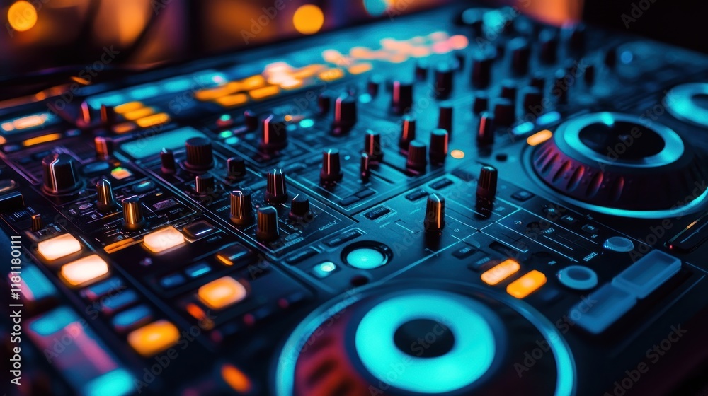 Fototapeta premium Illuminated DJ Mixer Console: A Symphony of Lights and Sound