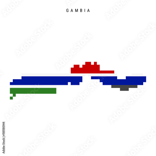 Gambia pixel flag map icon. 8 bit pixel art Gambian map covered with flag. Flat vector illustration isolated on white background.