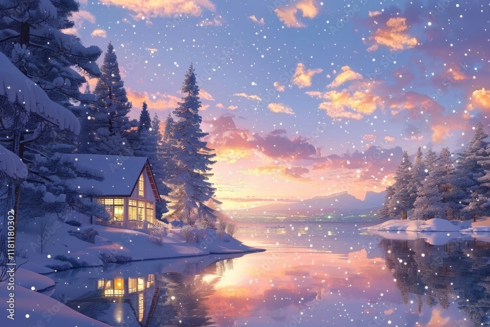 Fototapeta premium Serene winter scene a cozy lake house surrounded by snowy forest at sunset glow