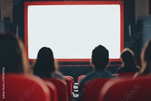 Audience watching blank screen in cinema, red seats photo