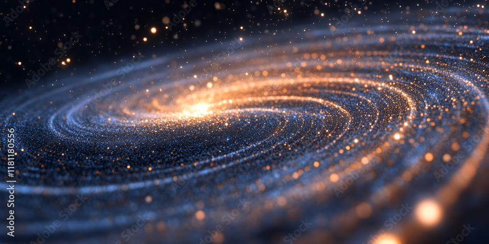 Fototapeta premium Cosmic Spiral: A mesmerizing abstract illustration of a swirling galaxy, bursting with golden stardust. The image evokes awe and wonder, transporting viewers to the vast expanse of the cosmos. 