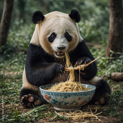 A panda eating a bowl of noodles.