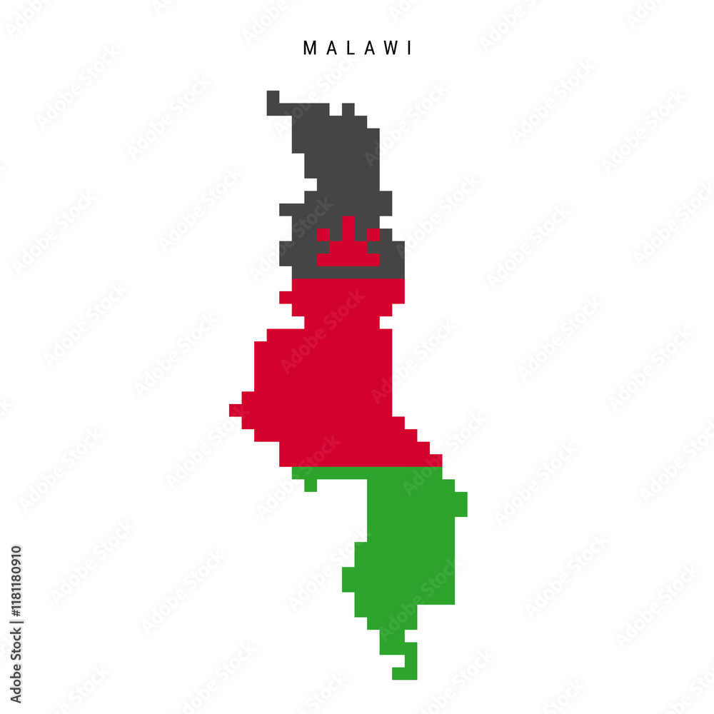 Fototapeta premium Malawi pixel flag map icon. 8 bit pixel art Malawian map covered with flag. Flat vector illustration isolated on white background.