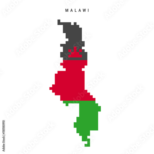 Malawi pixel flag map icon. 8 bit pixel art Malawian map covered with flag. Flat vector illustration isolated on white background.