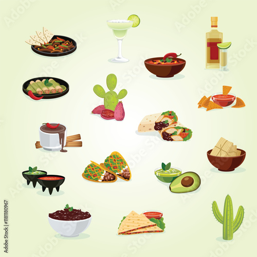 Mexican cuisine dishes snacks and drinks flat icons set