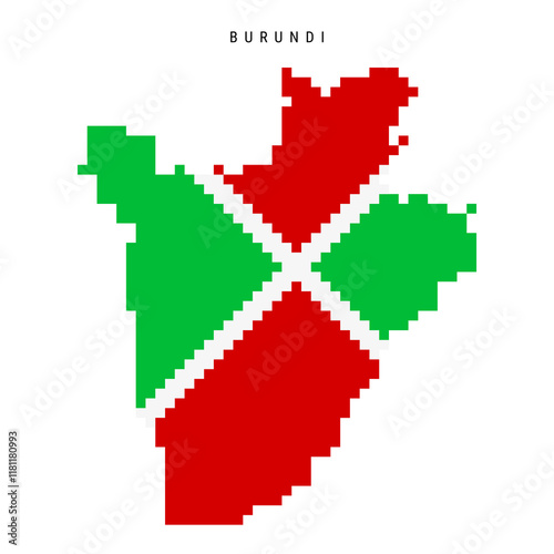 Burundi pixel flag map icon. 8 bit pixel art Burundian map covered with flag. Flat vector illustration isolated on white background.