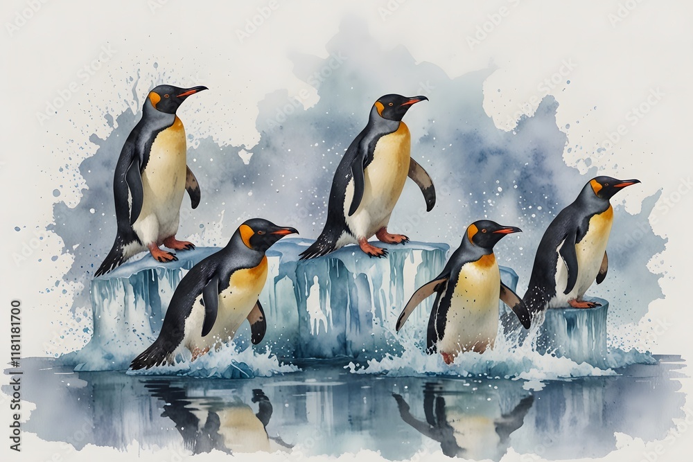 Fototapeta premium Penguins sliding on ice in watercolor style