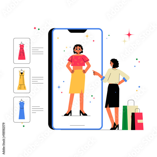 Virtual Dressing Room On Smartphone With Female Avatar And Customer Interaction. Flat Vector About Online Shopping, Fashion Try-On, And Technology, Isolated On White Background.