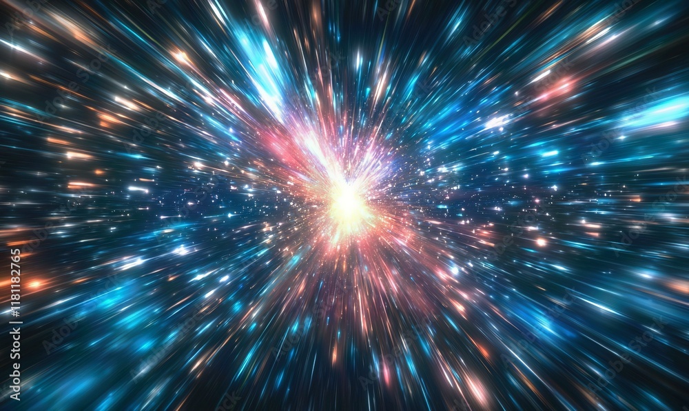 Hyperspace jump through starfield with bright light explosion, for sci-fi backgrounds. Hyperspace jump through starfield with bright light explosion, for sci-fi backgrounds.