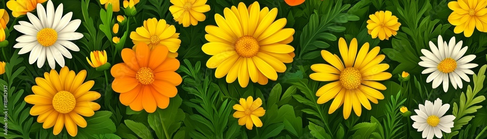 Fototapeta premium A stunning display of yellow and white flowers in full bloom vibrant