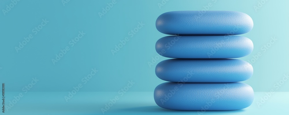 Stress management techniques. Stack of four blue stones against a solid light blue background. Stress management techniques. Stack of four blue stones against a solid light blue background.