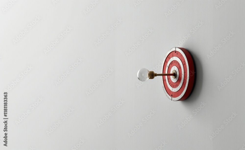 A single dart hitting the bullseye, mounted on a white wall. A single dart hitting the bullseye, mounted on a white wall.
