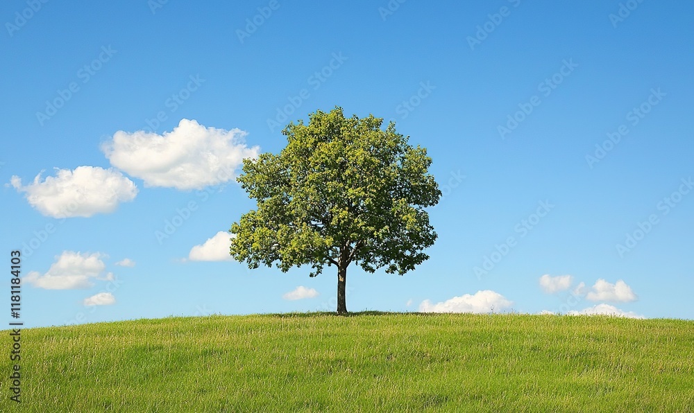 Lone tree on grassy hill under blue sky with clouds. Lone tree on grassy hill under blue sky with clouds.