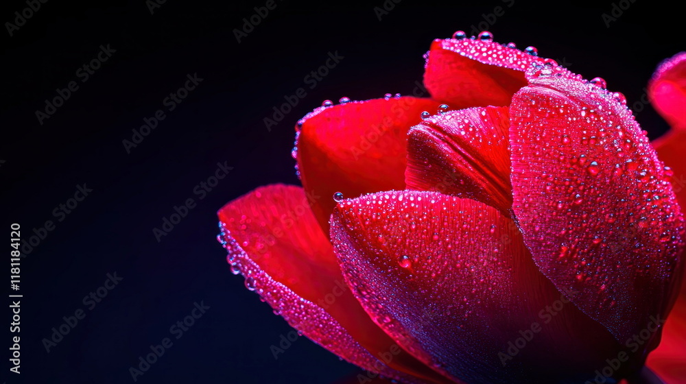 Vibrant Red Flower with Dew Drops on Petals and Dark Background Vibrant Red Flower with Dew Drops on Petals and Dark Background