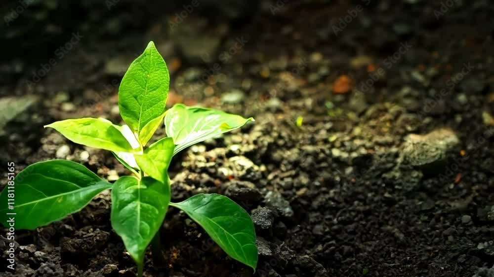 Plant growing from dark fertile soil with light beam shining on it Plant growing from dark fertile soil with light beam shining on it