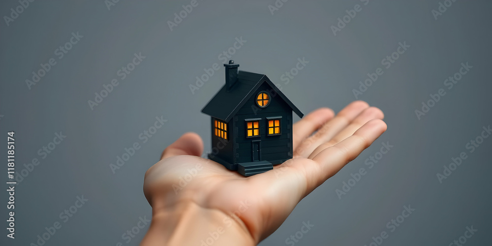 Small model house, dark blue and yellow, hand holding, gray background, real estate concept, home ownership, miniature architecture, palm of hand, studio lighting, close-up shot, property investment, Small model house, dark blue and yellow, hand holding, gray background, real estate concept, home ownership, miniature architecture, palm of hand, studio lighting, close-up shot, property investment,