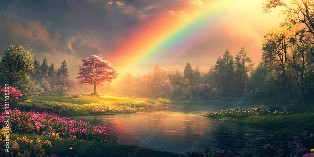 Obraz premium Rainbow's Promise: Serene landscape painting of a vibrant rainbow arcing over a tranquil lake, illuminating a blossoming tree in a picturesque forest. A magical scene evoking peace and hope.
