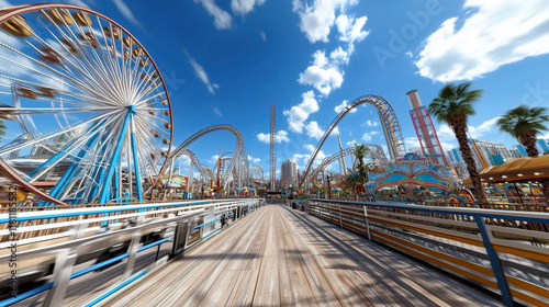 vibrant amusement park with thrilling rides and sunny sky