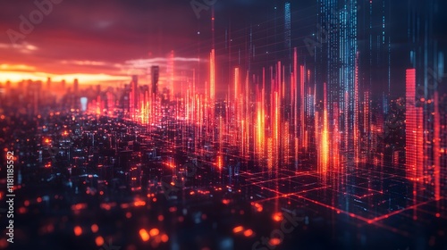 Business growth visualized through ascending bar charts and futuristic data overlays