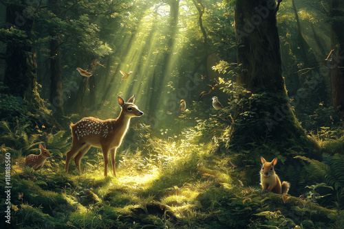  A calm and peaceful forest scene featuring a variety of forest animals, from deer and foxes to birds and squirrels, all coexisting in the lush, vibrant ecosystem of the woods. photo