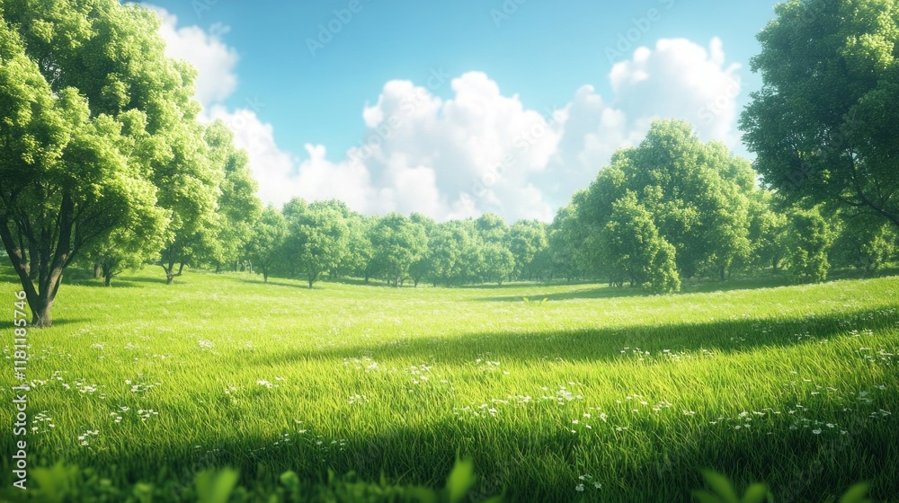 Fototapeta premium Sunny meadow landscape with lush green grass, trees, and a bright blue sky.