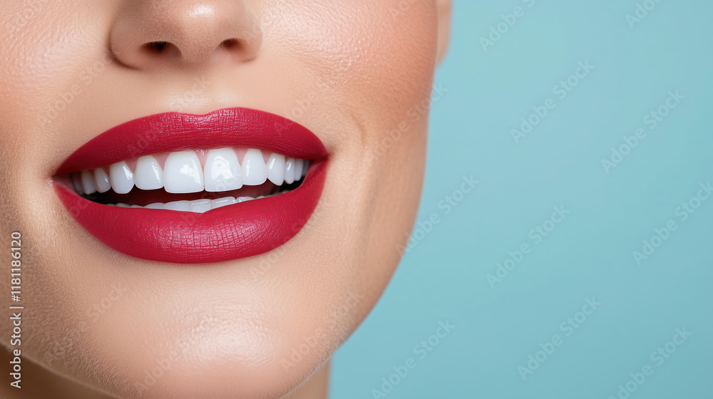 Fototapeta premium Bright red lips with perfect smile against soft blue background