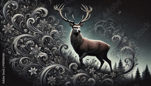 Majestic Stag with Dark Swirling Floral Backdrop