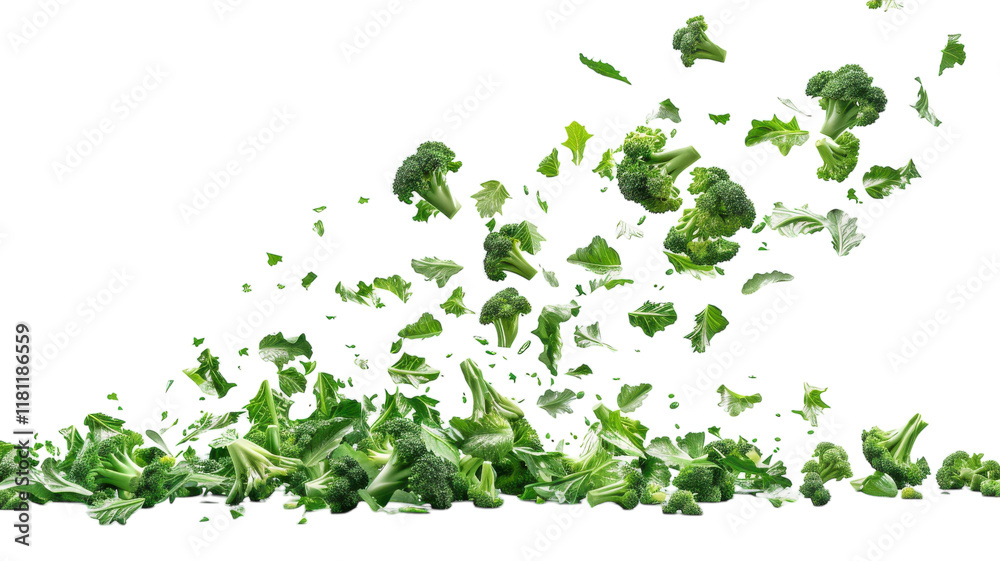 Isolated Falling Broccoli on a White Background Perfect for Healthy Eating and Cooking Themes transparent background Isolated Falling Broccoli on a White Background Perfect for Healthy Eating and Cooking Themes transparent background
