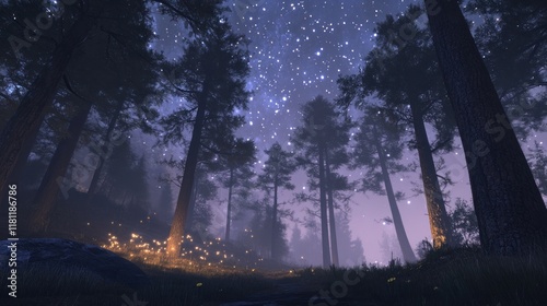Mystical night forest scene with starry sky, fog, and glowing fireflies. photo