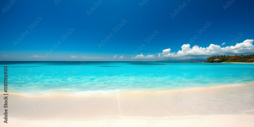 Pristine tropical beach, crystal clear turquoise water, white powdery sand, calm ocean waves, bright blue sky, fluffy white clouds, horizon line, paradise destination, serene landscape, summer 