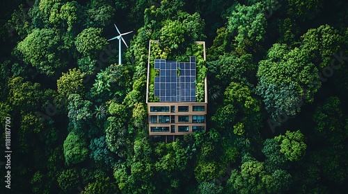 Corporate building surrounded by lush greenery and clean energy sources like wind farms and solar panels showcasing the integration of ESG and sustainable industry practices