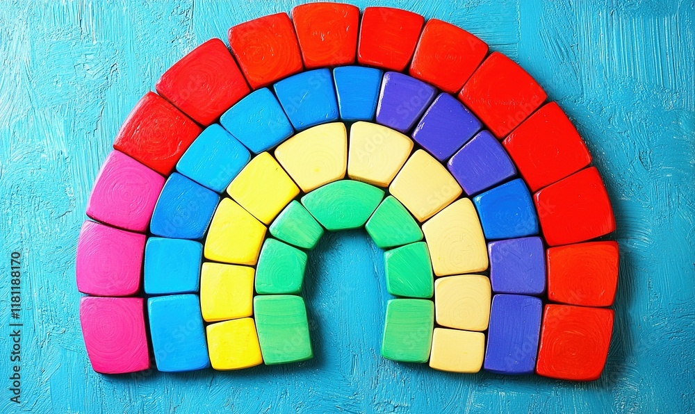 Rainbow from colorful blocks on blue background, kid's toy, educational game. Rainbow from colorful blocks on blue background, kid's toy, educational game.