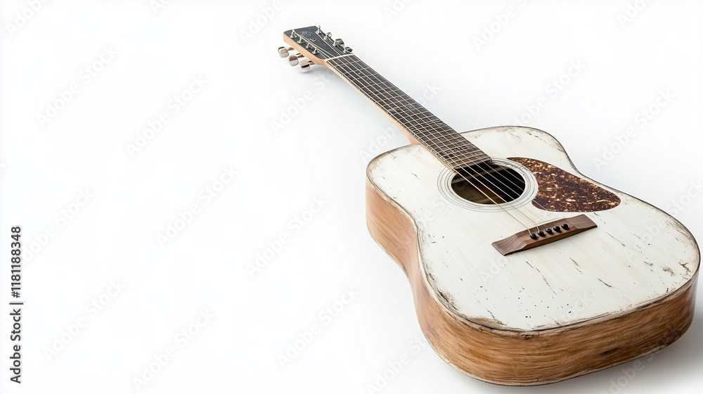 Fototapeta premium vintage acoustic guitar with rustic finish on white background