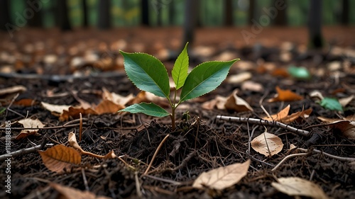 Evergreen Sapling Emerging From A Bed Of Fallen Leaves, Symbolizing Growth And Renewal photo