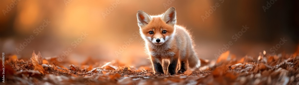 Fototapeta premium A small fox adventuring through field of colorful autumn leaves