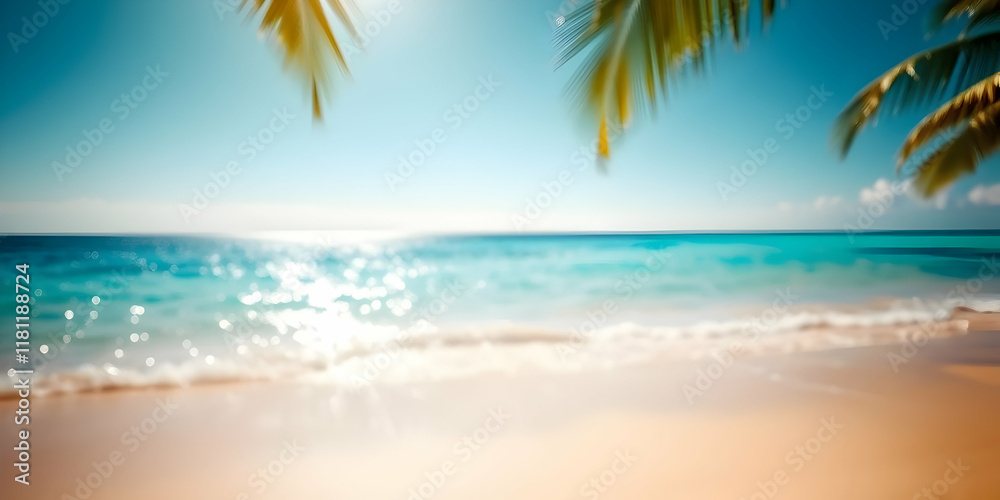 Fototapeta premium Tropical paradise, pristine white sand beach, crystal clear turquoise water, golden sunlight, swaying palm fronds, idyllic coastline, Caribbean island, sunny day, fluffy white clouds, serene ocean 