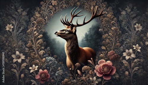 Majestic Stag with Dark Swirling Floral Backdrop
