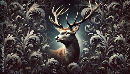Majestic Stag with Dark Swirling Floral Backdrop