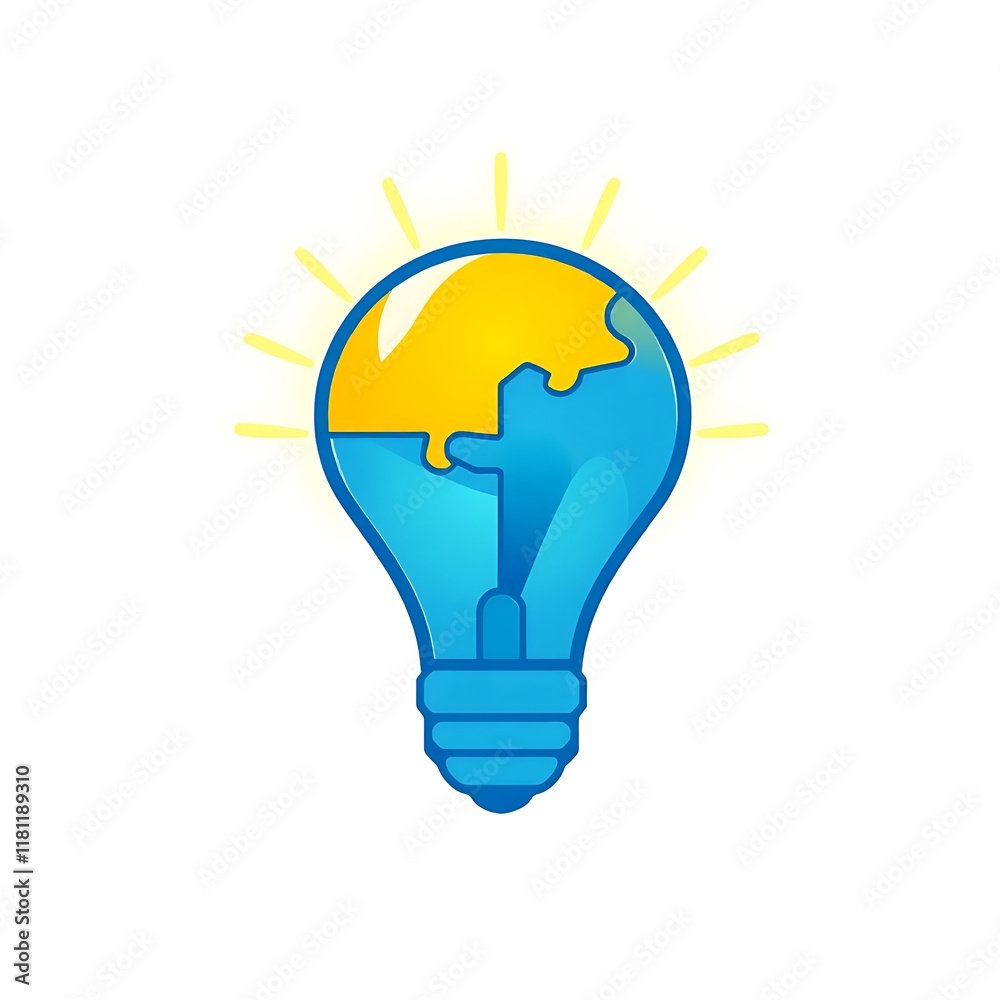 Puzzle Piece Lightbulb: A vibrant blue lightbulb with a yellow puzzle piece, symbolizing the perfect solution and innovative thinking. It represents the power of teamwork, collaboration. Puzzle Piece Lightbulb: A vibrant blue lightbulb with a yellow puzzle piece, symbolizing the perfect solution and innovative thinking. It represents the power of teamwork, collaboration.