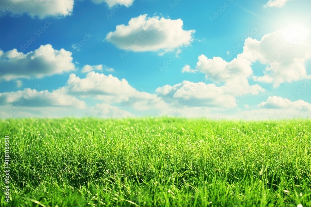 Sunny meadow, vibrant green grass, blue sky, fluffy clouds, idyllic scene Sunny meadow, vibrant green grass, blue sky, fluffy clouds, idyllic scene